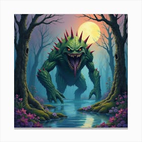 Monster In A Colorful Watercolor Swamp, Dark And Menacing 1 Canvas Print