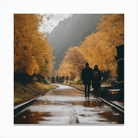 Couple Walking On A Train Track Canvas Print