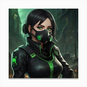 masterpiece, best quality, (Anime:1.4), black-haired girl, green eyes, small respirator mask, toxic environment, black leather outfit, epic portraiture, 2D game art, League of Legends style character 2 Canvas Print