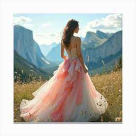 Gorgeous Model In Watercolor Gown, Picturesque Mountain View 1 Canvas Print