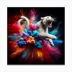 White Tiger Flying Through Colorful Powder Canvas Print