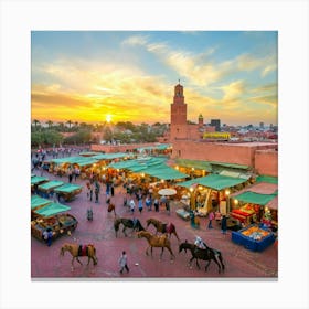 A stunning panoramic view of the bustling Marrakech medina in Morocco. The image encompasses the vibrant red walls of the city, the iconic Koutoubia Mosque in the distance, and the maze-like alleyways adorned with colorful lanterns and locals selling their wares. The atmosphere is a lively blend of culture, history, and the mysterious allure of the desert. The sun casts a warm golden light over the Canvas Print