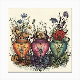 Three Vases With Flowers Canvas Print