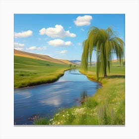 Willow Tree In The Field Canvas Print