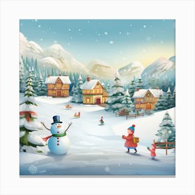 Winter Village With Snowman Canvas Print