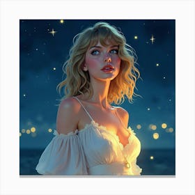 Taylor Swift In A Glowing Watercolor Night Scene, With Stars Softly Glowing Canvas Print