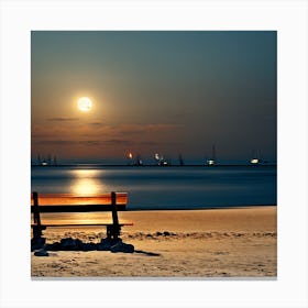 Bench On The Beach At Night 1 Canvas Print