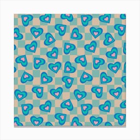 LOVE HEARTS CHECKERBOARD Tossed Retro Alt Valentines in Royal Blue Turquoise Pink on Beige Aqua Geometric Grid Canvas Print