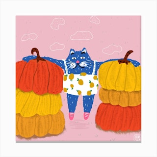 Blue Cat Exercising Between Pumpkins Square Canvas Print