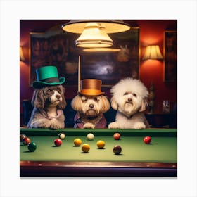 Three Dogs Playing Pool Canvas Print