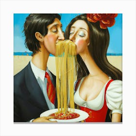 Kissing Couple With Spaghetti Canvas Print