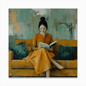 Woman Reading Book With Yellow Theme Canvas Print