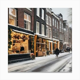 Paris cafes, winter season, Christmas, pale colors, pedestrians in the street, winter clothes, falling snow.1 1 Canvas Print