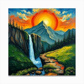 Sunset Over Waterfall Canvas Print