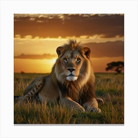 A Majestic Lion Lounging On A Grassy Savanna At Sunset, Surrounded By The Golden Hues Of The Setting Sun And The Vast Expanse Of The African Plains Canvas Print