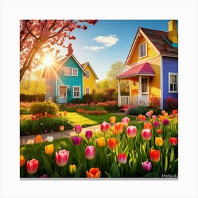 Colorful Houses And Tulips Canvas Print