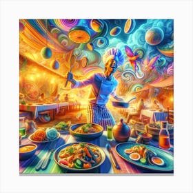 A Psychedelic Culinary Scene Showcasing A Variety Of Local Dishes From An Unspecified Area, With Vibrant Plates Of Regional Cuisine Canvas Print