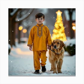 Boy And Dog In The Snow Canvas Print