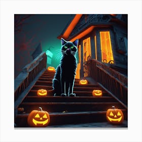 Halloween Cat On The Stairs Canvas Print