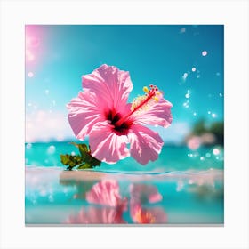 Blue Ocean and Pink Hibiscus Flower on the Beach 1 Canvas Print