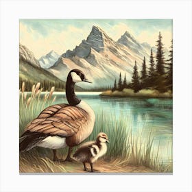 Goose with Baby by Mountain Lake Color Painting - Wild Bird Artwork 145 Canvas Print