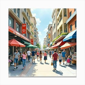 Busy Urban Street Scene In Watercolor, With Shops And Pedestrians Canvas Print