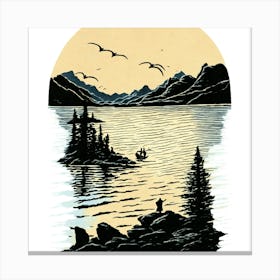 Idyllic Lake Scene with Fishing Man and Birds Canvas Print