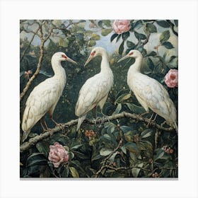 Three White Storks In A Tree Art Canvas Print