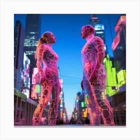 Futurists In New York City. Cityscape in Love: Ultrarealistic Rendering in Magenta and Green Canvas Print