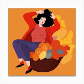 Autumn Woman In Basket Canvas Print