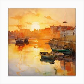 Watercolor Harbour at Sunset | Idyllic Dreamy Landscape Canvas Print