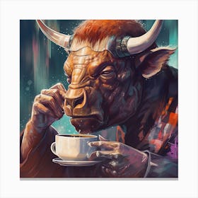 Bull Drinking Coffee Canvas Print