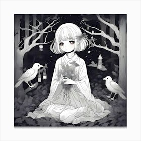 Manga Girl With Birds In The Forest Canvas Print