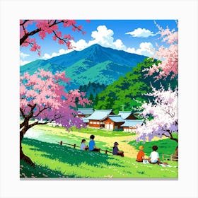 Japan village with cherry blossom tree and mountain Canvas Print