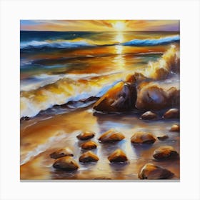 The sea. Beach waves. Beach sand and rocks. Sunset over the sea. Oil on canvas artwork.25 Canvas Print