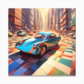 Blue Car In A City Canvas Print