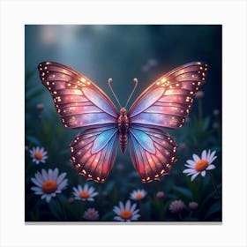 A Surreal Butterfly With Wings Of Cascading, Iridescent Light Fluttering Through A Cosmic Garden Canvas Print