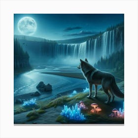 Wolf In The Crystal Mushroom Moonlight Staring at Waterfalll Canvas Print