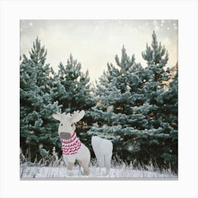 Firefly Scandinavian, Art, Illustration, Serene, Winter, Forest, Baby, Moose, Snowy, Clearing, Antle (3) Canvas Print