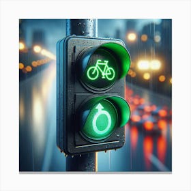 Green Traffic Light With Bicycle At Night Canvas Print