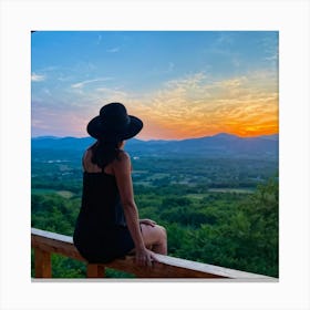 Woman In Black Hat Sitting Alone On A Wooden Balcony Overlooking A Hill Dotted Landscape Trees Al (5) Canvas Print