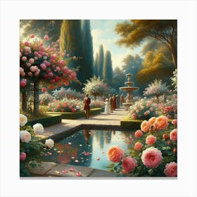 Rose Garden With The Fountain, Acrylic Style Painting 11 Canvas Print