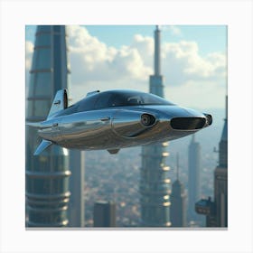 High Tech Flying Car With Sleek Chrome Finish, Soaring Over Futuristic Towers 1 Canvas Print