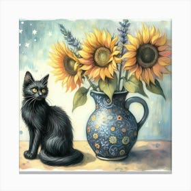 Black Cat With Sunflowers watercolor pestel painting Vase With Three Sunflowers With A Black Cat, Van Gogh Inspired Art Print Canvas Print