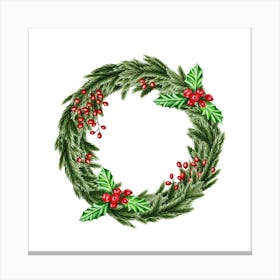 Wreath from Green Fir Branches, Red Berries and Mistletoe Canvas Print