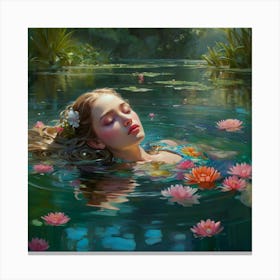 A gracefully floating water nymph, her delicate form surrounded by a tranquil garden of ethereal water blossoms. The petals of these flowers convey a range of emotions, shifting gently with the breeze that ripples through the crystal clear water. The aquatic stems showcase a vibrant array of colors, dazzling the eyes with their beauty. This captivating scene is depicted in a stunningly detailed painting, where every aspect is brought to life with rich and vibrant hues against green surroundings, crossing reality and illusion, highly detailed, cinematic scene, dramatic lighting, ultra realistic 1 Canvas Print