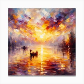 Sunset over the Lake: An Impressionist Painting of a Nature Scene with a Boat and Two People Canvas Print