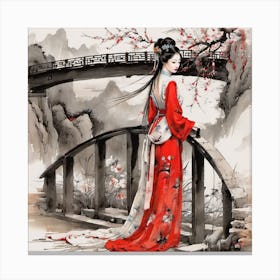 Chinese Lady On Bridge Canvas Print