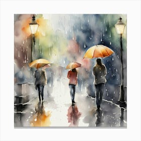 Watercolor Of People Walking In The Rain Canvas Print