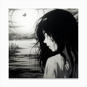 Girl Looking At The Moon black and white manga Junji Ito style creepy Canvas Print